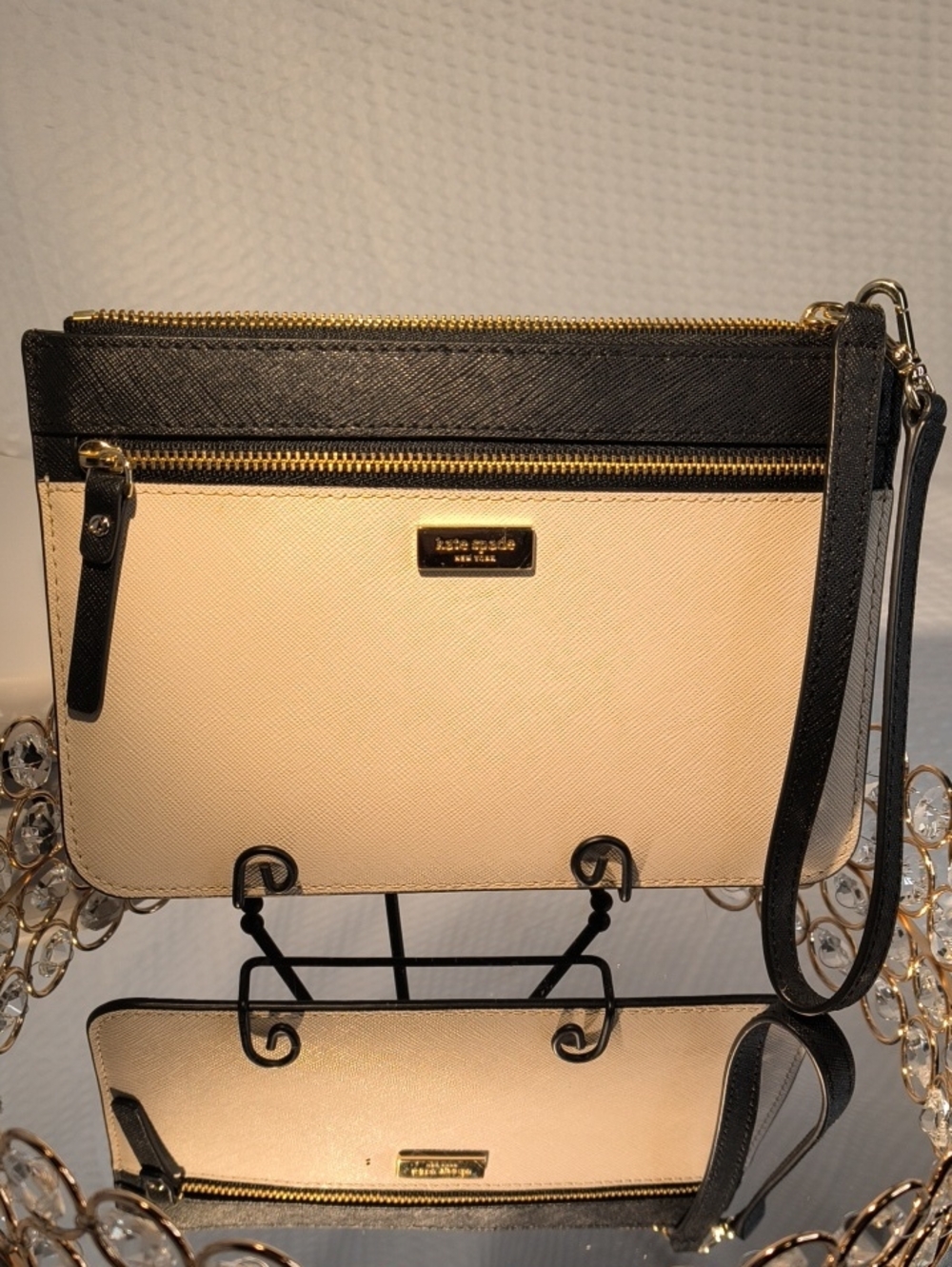 kate spade Laurel Way Tinie Two-Tone Black & Cream Leather Wristlet